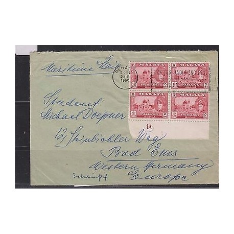 E) 1960 MALASYA, COVER FROM PENANG MOUSQUE BLACK OF 4 WITH PLATE NUMER