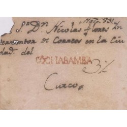 G)1831 PERU, RED COCHABAMBA CANC., CIRCULATED FRONT COVER TO CUZCO, XF