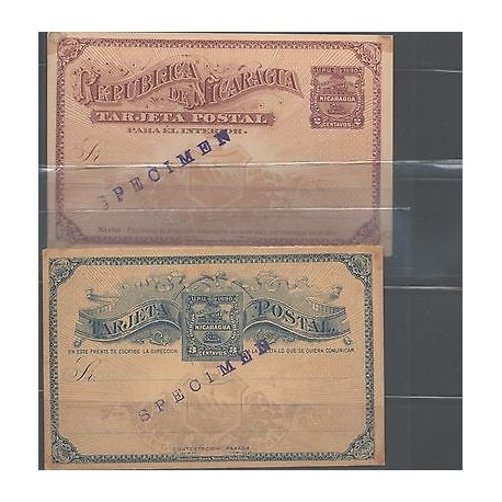 o) 1890 NICARAGUA, POSTAL STATIONARY - SPECIMEN, 2 CENTAVOS BROWN, 3 CENTAVOS BL