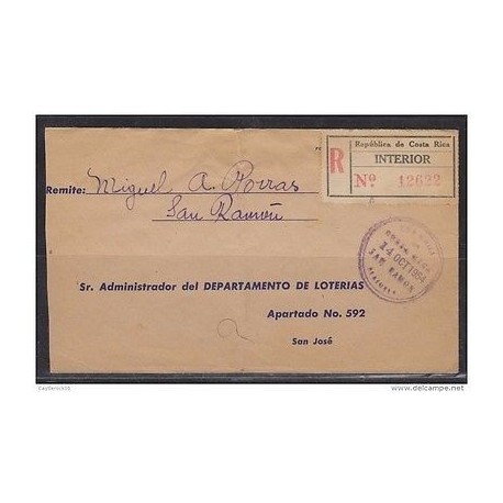 O) 1954 COSTA RICA, AIRMAIL, REGISTERED, LOTTERIES DEPARTMENT, XF TO SAN JOSE