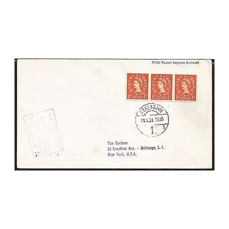 E)1955 DENMARK, QUEEN ELIZABETH II, STRIP OF 3 RED, CIRCULATED COVER TO USA, XF 
