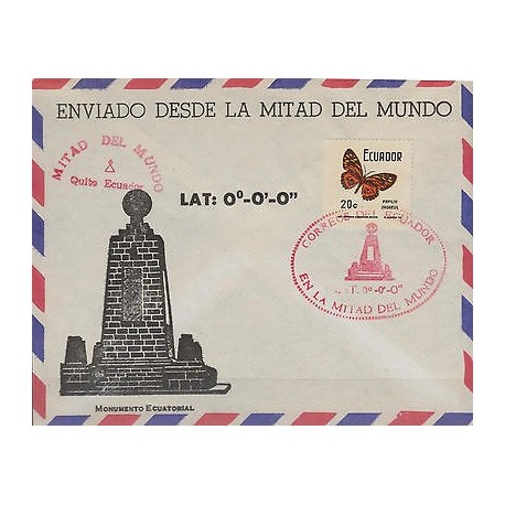 G)1977 ECUADOR, EQUATORIAL MONUMENT-BUTERFLY, LAT: 0°-0°-0", COVER FROM THE MIDL