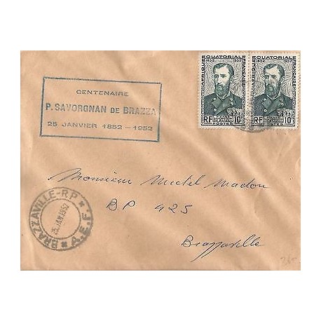 E)1952 FRANCE, PIERRE SAVORGNAN DE BRAZZA, STRIP OF 2. CIRCULATED COVER 