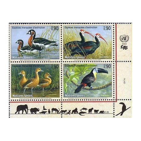 E) 2003 UNITED NATIONS, BIRDS, ENDANGERED ANIMALS, TUCAN, BLOCK OF FOUR