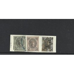 O) 1881 COLOMBIA, 1 C.BLACK GREEN, 2 C. LILAC ROSE, 5 C. BLACK LILAC. LIBERTY HE