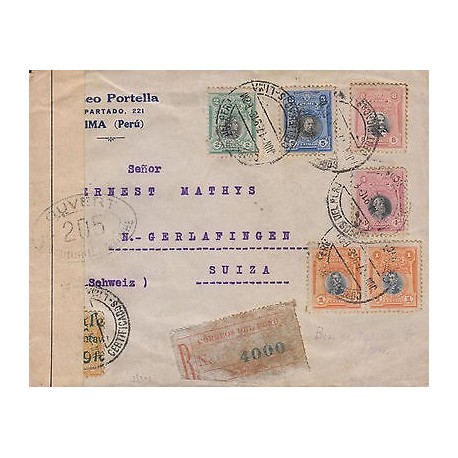 G)1918 PERU, MULTIPLE COVER WITH CENSOR MARK, ONE STAMP WITH OVERPRINT ERROR, RE