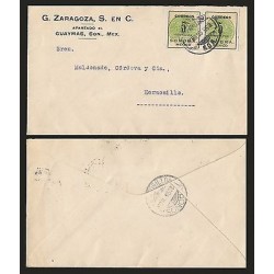 G)1915 MEXICO, 5 CTS. SONORA PAIR, GUAYMAS CIRC. CANC., CIRCULATED COVER TO HERM