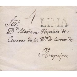 G)1847 PERU, LIMA LINEAL BLACK CANC., 4 MANUSCRIPT, CIRCULATED COVER TO AREQUIPA