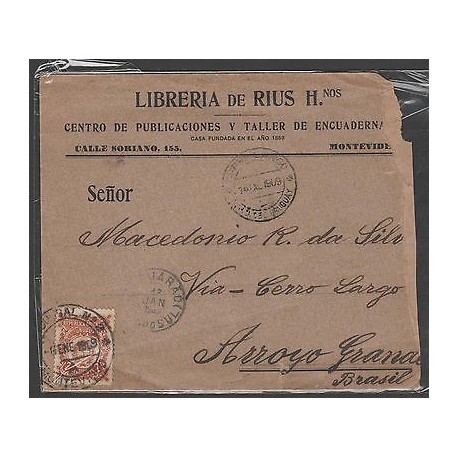 O) 1909 URUGUAY, 7 CENTESIMOS, COAT FO ARMS, COVER TO BRAZIL, XF