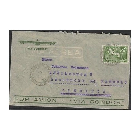 O) 1937 URUGUAY, PEGASUS 62 CENTS GREEN,AIRMAIL TO GERMANY