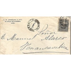 G)1887 PERU, LIMA CIRC. CANC., COAT OF ARMS, CIRCULATED COVER TO HUANCAVELICA, X
