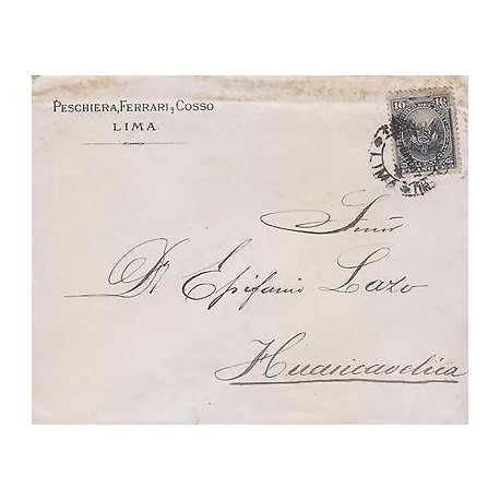 G)1887 PERU, COAT OF ARMS 10 CTS., CIRCULATED COMMERCIAL COVER TO HUANCAVELICA, 