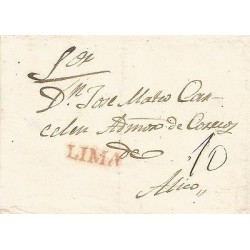 G)1840 PERU, LIMA LINEAL RED CANC., 10 REALES MANUSCRIPT, CIRCULATED COVER TO AT