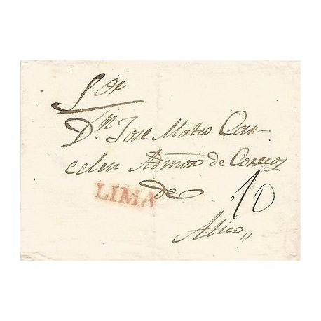 G)1840 PERU, LIMA LINEAL RED CANC., 10 REALES MANUSCRIPT, CIRCULATED COVER TO AT