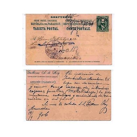 E) 1910 PARAGUAY, POSTAL STATIONARY CIRCULATED