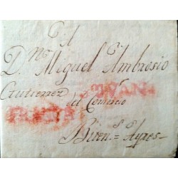 O) 1815 CHILE, STAMPLESS MARK,SAN JUAN- AND FRANCA IN RED TO BUENOS AIRES ARGENT
