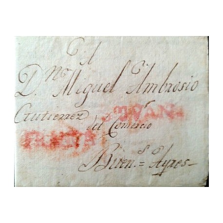 O) 1815 CHILE, STAMPLESS MARK,SAN JUAN- AND FRANCA IN RED TO BUENOS AIRES ARGENT