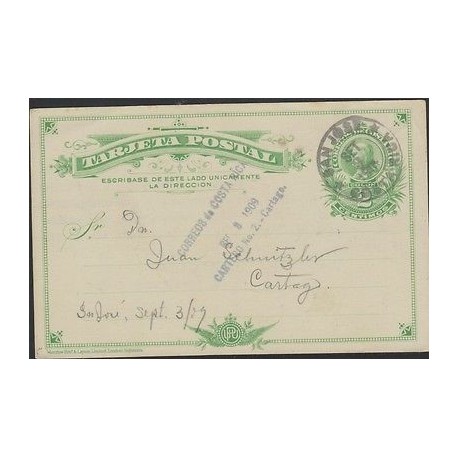 O) 1909 COSTA RICA, POSTAL CARD, 2 CENTIMOS COLON GREEN, XF TO CARTAGO