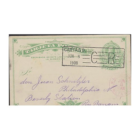 O) 1908 COSTA RICA, POSTAL STATIONARY, COLON 2 CENTIMOS GREEN, JUN. 3- CARTAGO -