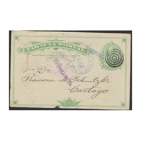O) 1907 COSTA RICA, POSTAL STATIONARY, COLON 2 CENTIMOS GREEN, TRANSIT FOR LIMON