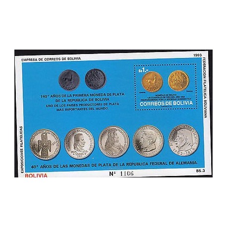 G)1993 BOLIVIA, COINS, 140 YEARS OF THE FIRST SILVER COIN UN BOLIVIA-40 YEARS OF