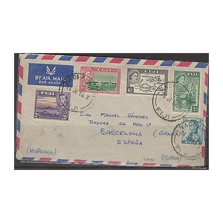 O) 1956 FIJI, SAILBOAT, KING AND QUEEN, COVER TO SPAIN, XF