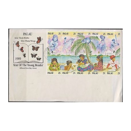 O) 1989 PALAU, TREE, GIRLS, CHILDREN, DOLPHIN, OSTRICH, YEAR OF THE YOUNG READER
