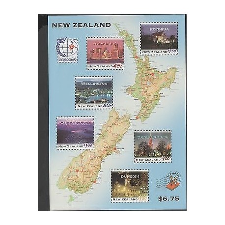 O) 1995 NEW ZEALAND, MAP, ARCHITECTURE, SINGAPURE WORLD STAMP EXHIBITION, MNH