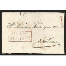 G)1860 MEXICO, JALAPA RED BOX, 1 REAL IN RED, CIRCULATED FRONT COVER TO NAOLINCO