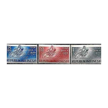 G)1958 INDONESIA, CYCLIST AND MAP, BICYCLE TOUR OF JAVA COMPLETE SET, MNH