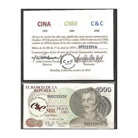 O) 2013 COLOMBIA, BANK NOTE 1000 PESOS ORO,LIMITED EDITION, COMMEMORATION 40 YEA