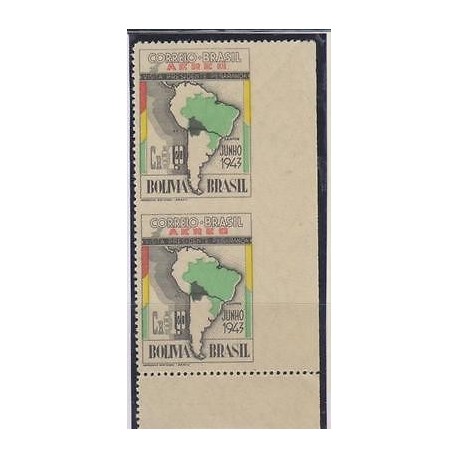 E) 1943 BRAZIL, MAP BRAZIL AND SOUTH AMERICA, IMPERFORATE PAIR, RIGHT MARGIN