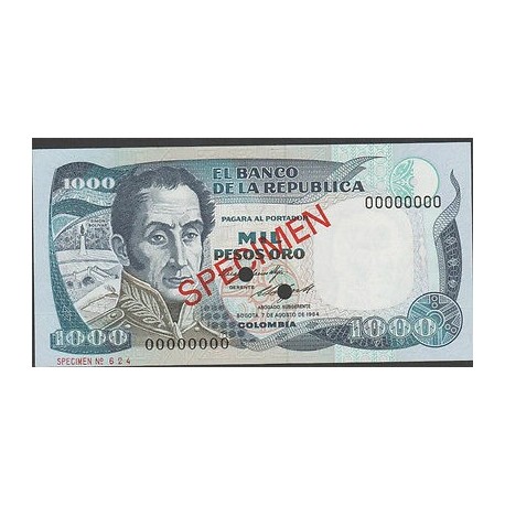 O) 1984 COLOMBIA, BANK NOTE, 1000 PESOS ORO, SPECIMEN, NUMBER 00000000, XF