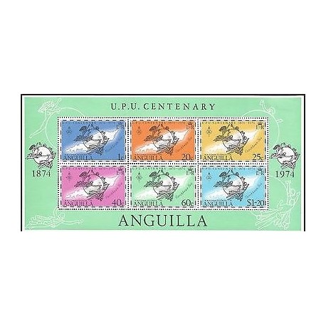 E)1974 ANGUILLA, UPU CENTENARY, CARIBBEAN SEA, MAP, PEOPLE, BLOCK OF 6, MNH 