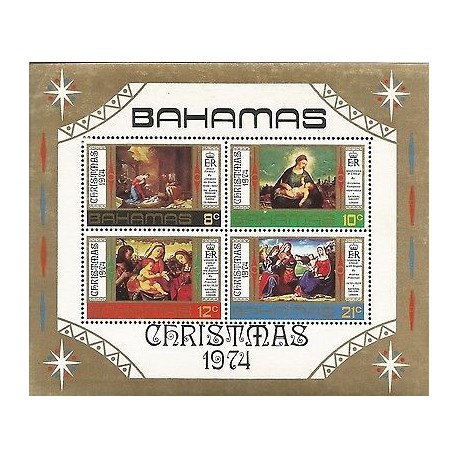 E)1974 BAHAMAS, CHRISTMAS, NATIVITY, PAINTINGS, BLOCK OF 4, MNH 