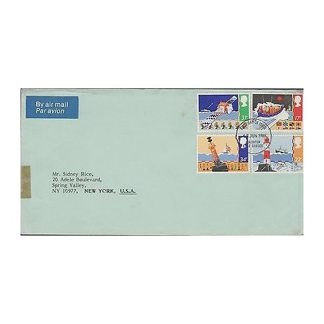 O) 1985 GREAT BRITAIN, SATELLITE, LIGHTHOUSE, FDC USED TO NEW YORK