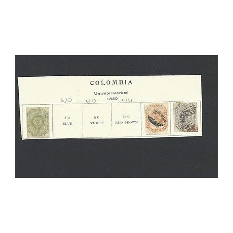 O) 1859 COLOMBIA, 2 1/2 GREEN, 10 CENT. BUFF, 20 CENT GRAY BLUE, WOVE PAPER