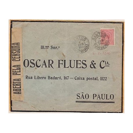 O) 1919 BRAZIL, INTERNAL CENSORSHIP VERY RARE - 100 REIS, COVER TO SANTOS TO SAO