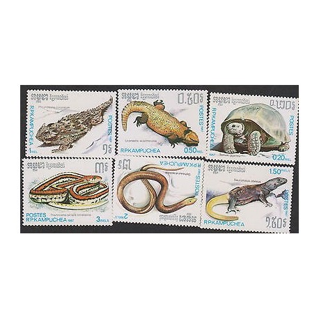 G)1987 CAMBODIA, REPTILES, TURTTLE-SNAKES, SET OF 6, MNH 