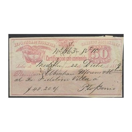 O) 1889 COLOMBIA, NATIONAL REGISTERED VALE, 50 CENTAVOS, FROM MEDELLIN TO PUERTO