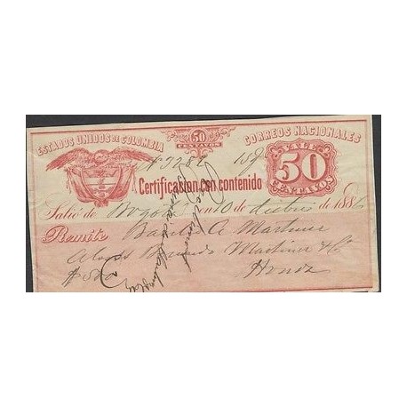 O) 1886 COLOMBIA, NATIONAL REGISTERED VALE, 50 CENTAVOS, XF