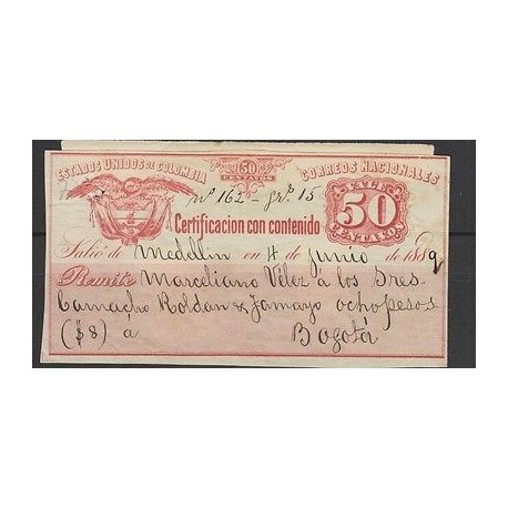 o) 1889 COLOMBIA, UNITED STATES OF COLOMBIA, NATIONAL REGISTERED VALE, 50 CENTAV