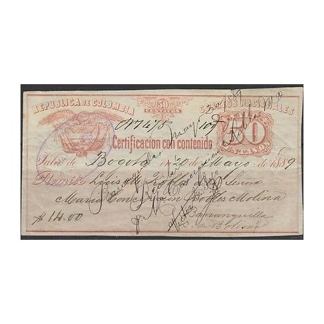 o) 1889 COLOMBIA, NATIONAL REGISTERED VALE, 50 CENTAVOS, FROM BOGOTA TO BARRANQU