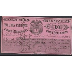 O) 1895 COLOMBIA, NATIONAL REGISTERED VALE, 10 CENTAVOS, FROM TUNJA TO BOGOTA, X