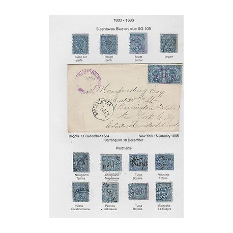 O) 1884 TO 1886 COLOMBIA, STAMPS 5 CENTAVOS BLUE ON BLUE SG 109, MANUSCRIPT, DEP