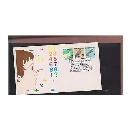 E)1980 COLOMBIA, FIRST DAY OF SERVICE , CHILDREN, NUMBERS, ANIMALS, LETTERS, FDC