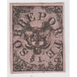 O) 1865 COLOMBIA, SOBREPORTE, 1 PESO BLACK ON ROSE SG41, COAT OF ARMS