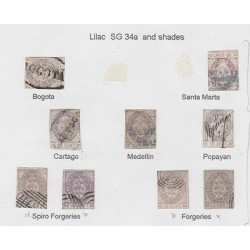O) 1865 COLOMBIA, 10 CENTAVOS, LILAC SG 34 A-SHADES, MNUSCRIPT, FORGERIES, XF