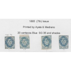 O) 1865 COLOMBIA, 20 CENTAVOS BLUE, SG 35 AND SHADES, XF