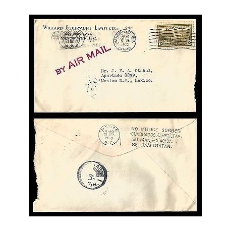 E)1950 CANADA, LANDSCAPE STAMP, AIR MAIL, CIRCULATED COVER TO MEXICO